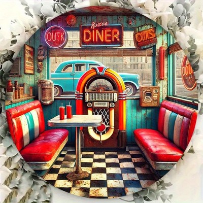 2D Flat, Vintage 1950s American Diner Tin Metal Signs Home Décor 7.87'' Diameter 