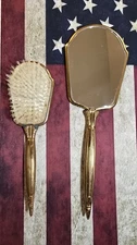 Antique Victorian (Brass hands held) Vanity Hair Brush and Mirror  With Floral D