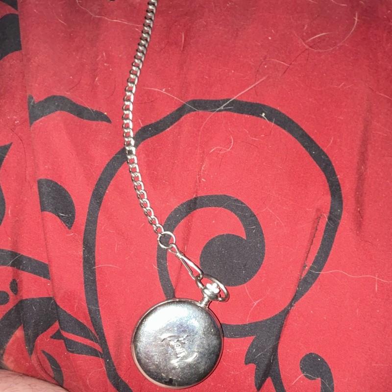 Silver Full Hunter Pocket Watch w Chain, White Deer Dial, Arabic Numerals