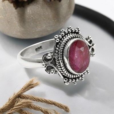 Solid 925 Silver Ruby Gemstone Statement Handcrafted Mother Ring Size 6