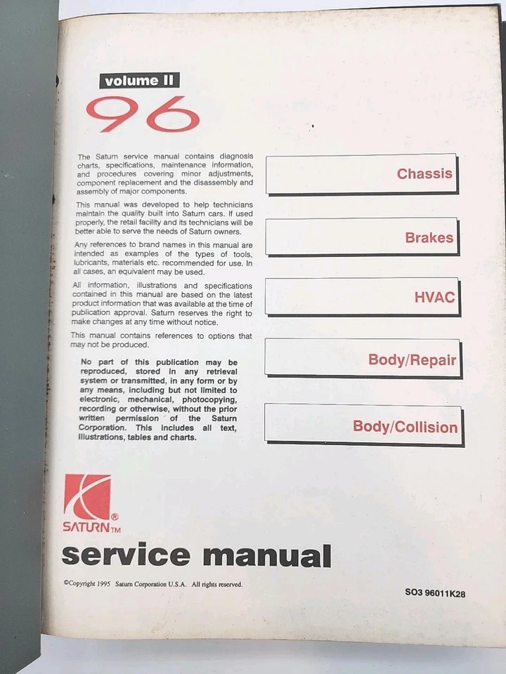 Carpeta manual de fábrica Saturn Shop 1996 juego de 3 volúmenes servicio de reparación completo Foto 4 de 4