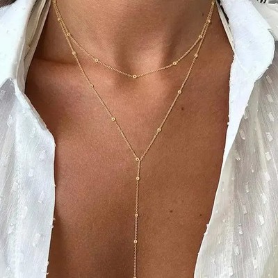 Vintage Gold Double Layered Long Chain Necklace for Women Copper Geometric Penda