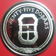 1988 BRITISH VIRGIN ISLANDS $25 PROOF .62 OZ SILVER "BELT BUCKLE" SHIP TREASURE