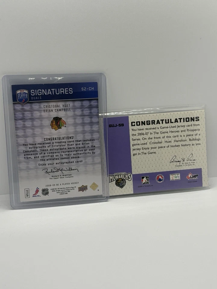 2008-09 Be A Player Dual Auto Huet & Campbell + 2006-07 ITG Game-Used Jersey Lot - Image 2 of 4