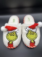 Grinch White And Red Slide In Slippers. Grinch Has A Santa Claus Hat. 5/6.