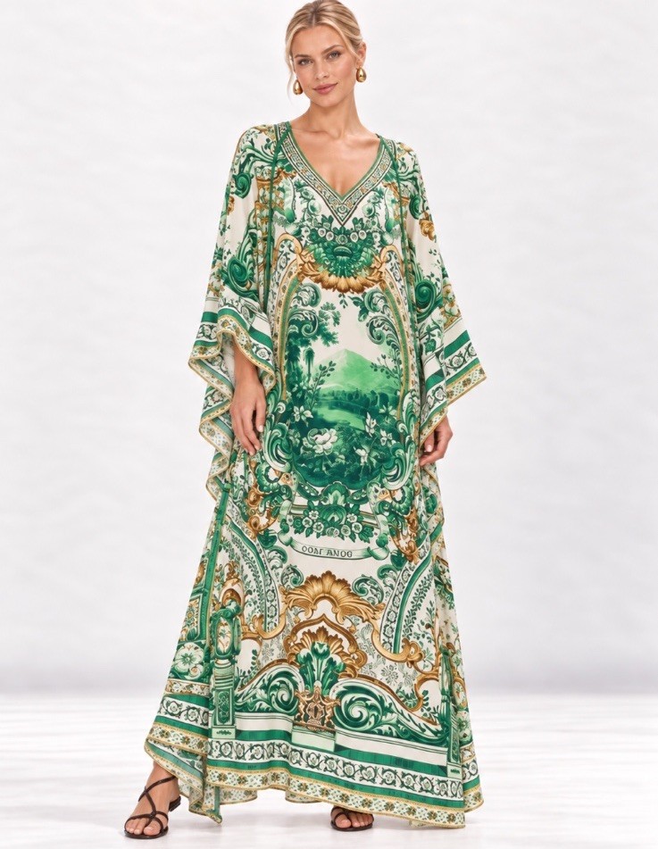 Camilla Corridor Of Calm V Neck Kaftan One Size Green Silk Dress Long Ties Maxi