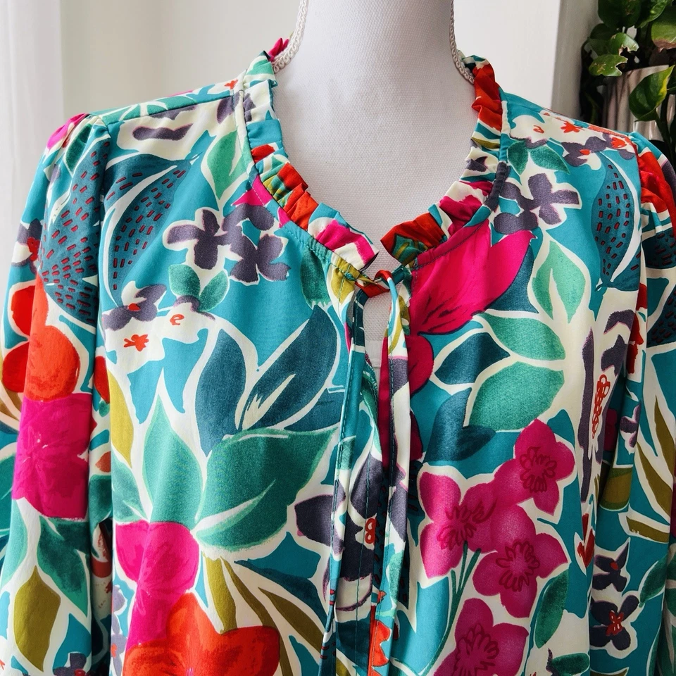 Maxi Vestido Umgee Azul y Rosa Floral Tropical Terroso Boho Caprichoso Artístico - Plus 1XL Foto 3 de 4