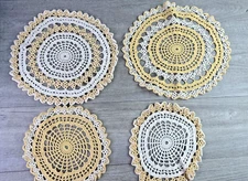 Lot Of 4 Handmade Crochet Doilies Yellow & White Round Scalloped Edge