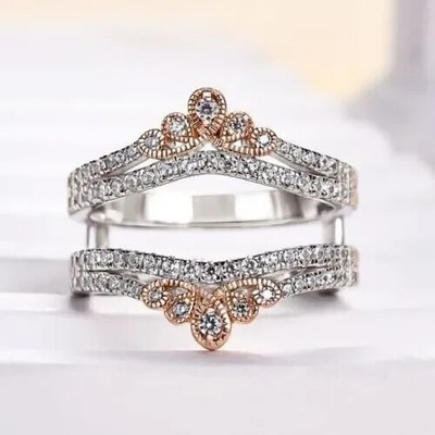2 Ct Round Cut Real Moissanite Enhancer Wedding Ring 14k Two Tone Gold Plated