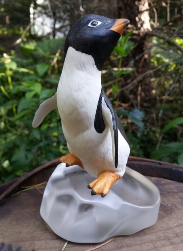 Vintage Ceramic Penguin Figurine On Frosted Glass Ice Base Arctic Wildlife