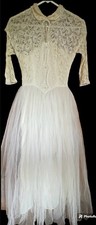 Vintage Wedding Dress 1950s Handmade Circle Skirt Tea Length Lace Satin Tulle