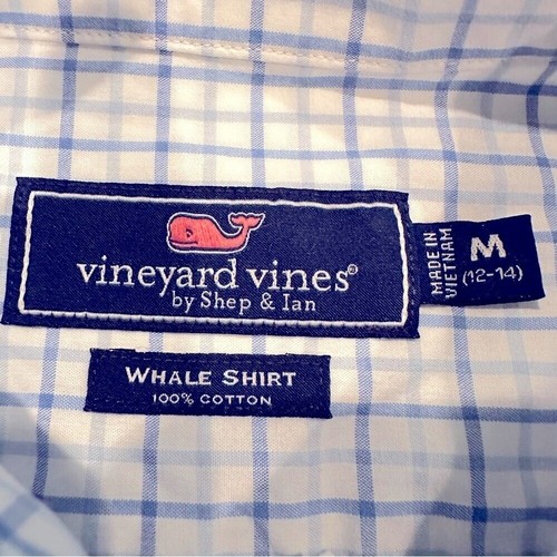 Vineyard Vines Plaid Whale Shirt 100% Cotton Boy's 12/14 Medium Blue White - Picture 5 of 6