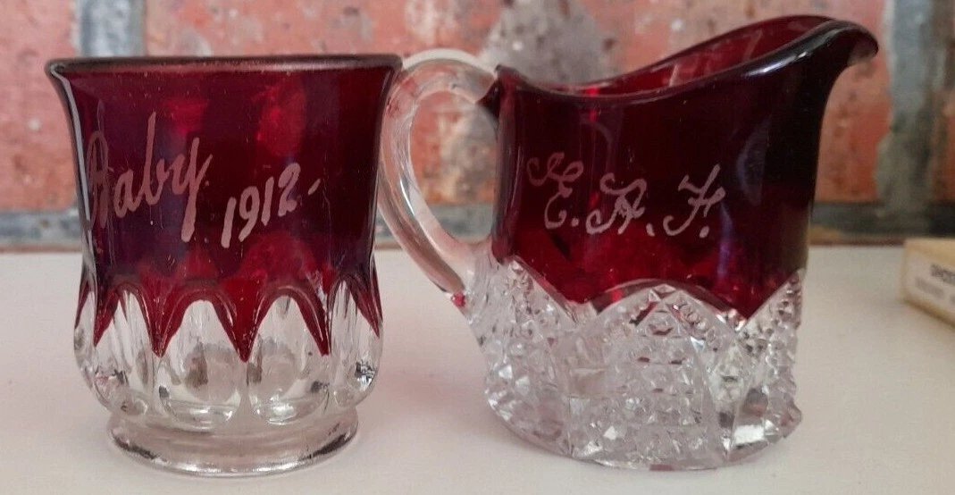 ANTIQUE RUBY RED FLASH SM.WHISKY GLASS & JUG.."BABY 1912 & MONOGRAM E.A.F"