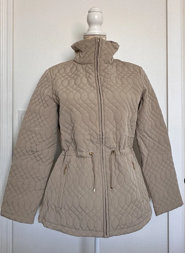 Ellen Tracy Stone Womens Quilted Jacket Cinched Drawstring Waist Lined Parka Sml - Image 2 of 4