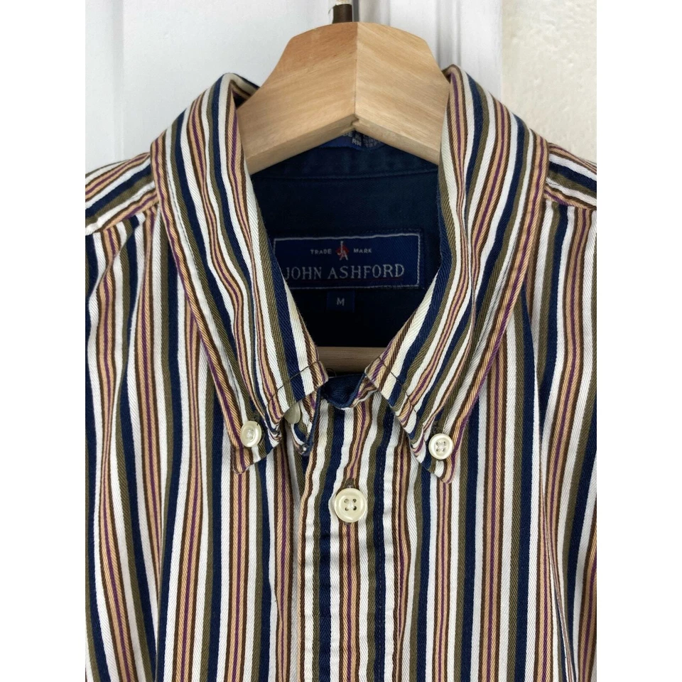 Camisa John Ashford Para Hombre Talla M Crema Negra Melocotón Rayas Cambray Abotonada Foto 2 de 4