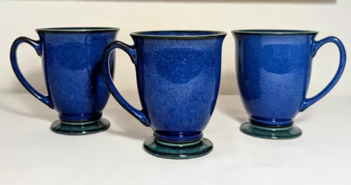 3 Denby England Metz Harlequin Footed Mugs Blue Green EUC