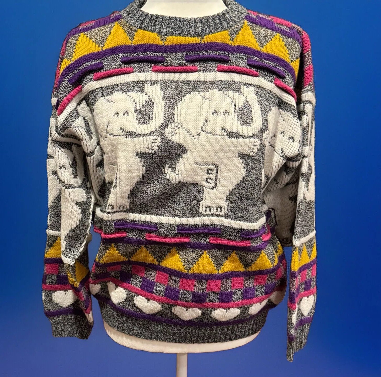 Vintage 80’s Dancing Elephants & Hearts Acrylic Sweater Medium Made In USA EUC