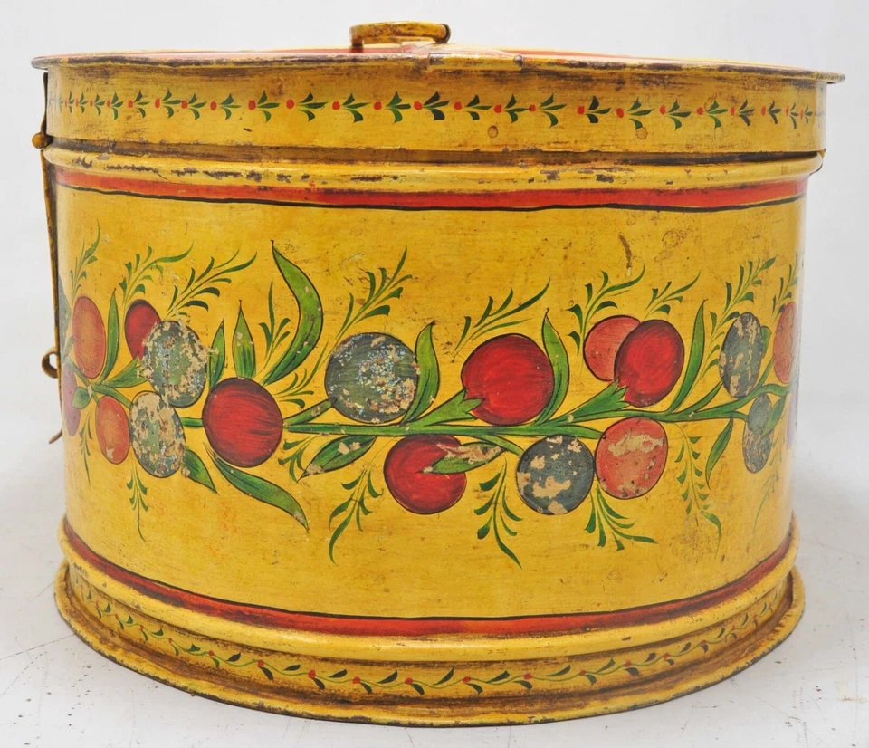 Caja de herramientas de almacenamiento de hierro vintage original antigua hecha a mano pintada floral Foto 3 de 4