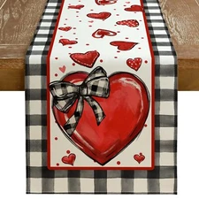Valentine's Day Table Runner 13 x 72 Inch Red Hearts Polka Dots Decorative Fa...