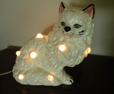 50s　　ミッドセンチュリー　セラミック製　キャットランプ RARE! Vintage Mid Century 1950's Ceramic Green Eyed White Cat Lamp