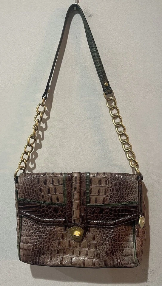 BRAHMIN Cartera Cocodrilo Cuero Repujado Bolso de Hombro Marrón Verde Cadena Bloqueo Giratorio Foto 2 de 4