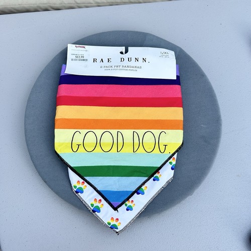 Rae Dunn 2 Pack Pet Bandanas Good Dog Size Large XL Cotton Rainbow LGBTQ LGBT