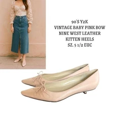 90'S Y2K VTG. BALLET PINK RIBBON BOW KITTEN HEEL NINE WEST PUMPS SZ. 5.5 EUC