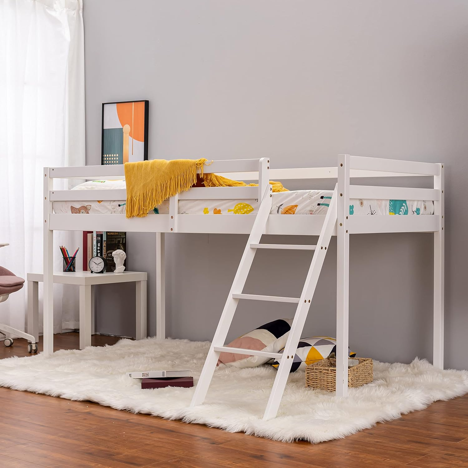 Bunk Bed Mid Sleeper 3ft Single Slide Ladder Guard Kids Sleep Play Bed Grey Pine