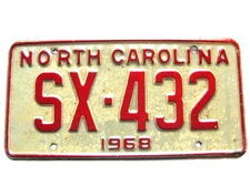 1968 NORTH CAROLINA NC LICENSE PLATE TAG, (SX-432) ORIGINAL DESCENDING NUMBERS