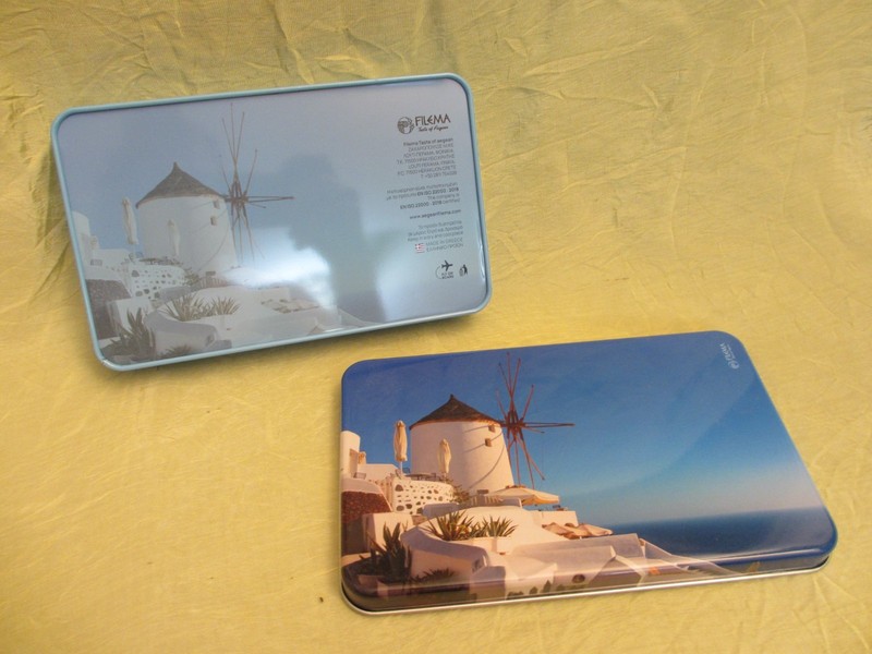 Oia Greek Isle TIN picture of Santorini windmill white cliffs made in Greece 7+"