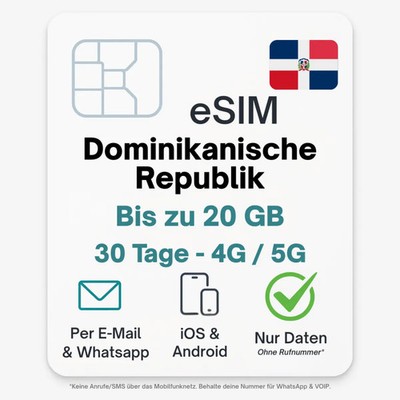 Dominikanische Republik eSIM Datentarif digitale e SIM - per Mail- ohne Telef...