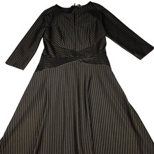 Vshow Women Black Pinstripe Midi Dress Size L 3/4 Sleeve Fit Flare Workwear NEW