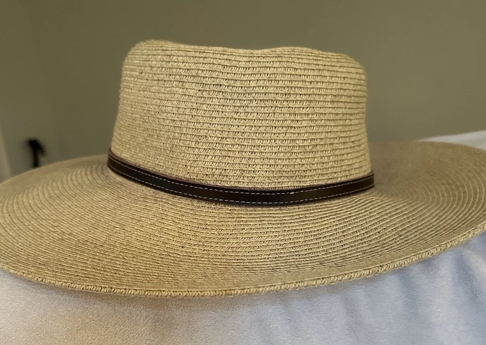 Nine West Ala Grande Paja Sombrero para el Sol Sombrero de Playa Hebilla Fina Correa de Cuero Nuevo Foto 3 de 4