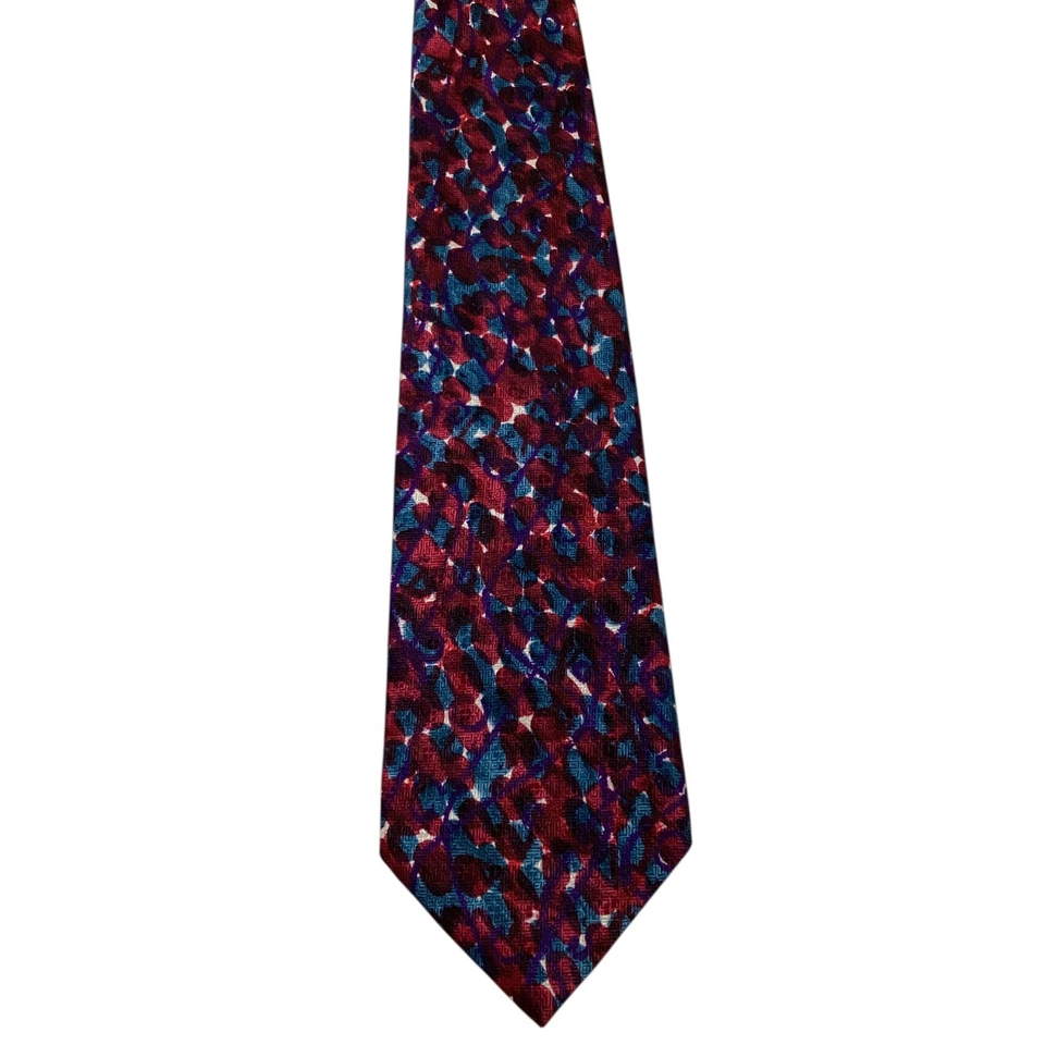 Corbata de seda para hombre KARL LAGERFELD diseñador EE. UU. geométrica borgoña/azul/blanco usada en excelente estado Foto 2 de 3