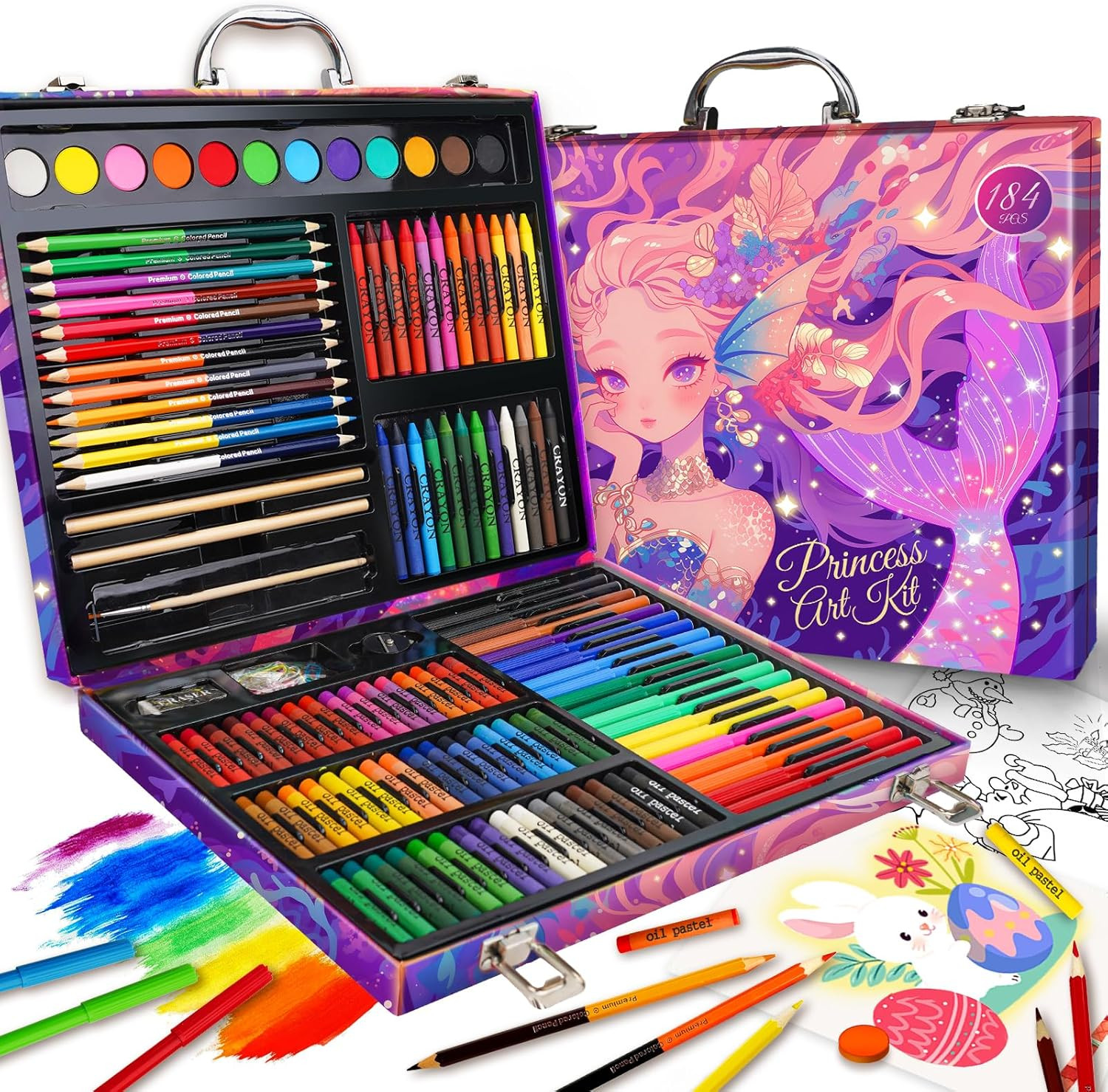Art Supplies Set, for Girls, Ages 6-12, Drawing Kit, w/ Colored Pencils, Crayons