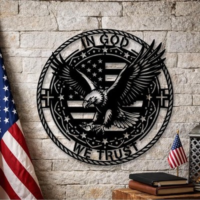 American Flag Eagle Metal Wall Art, In God We Trust Sign, Patriotic Christian