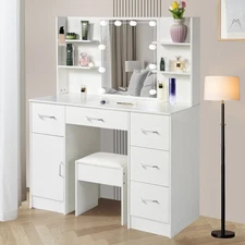 Large Vanity Desk Makeup Dressing Table w/ LED Lights Mirror 5 Drawers 6 Shelves
