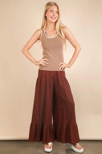 Wide Leg Ruffled Palazzo Pants Elastic Waist Rayon Linen