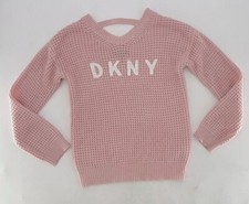 DKNY Girl  s Flip Sequin Spell Out Pink Knit V-Neck Sweater Size XL Preppy