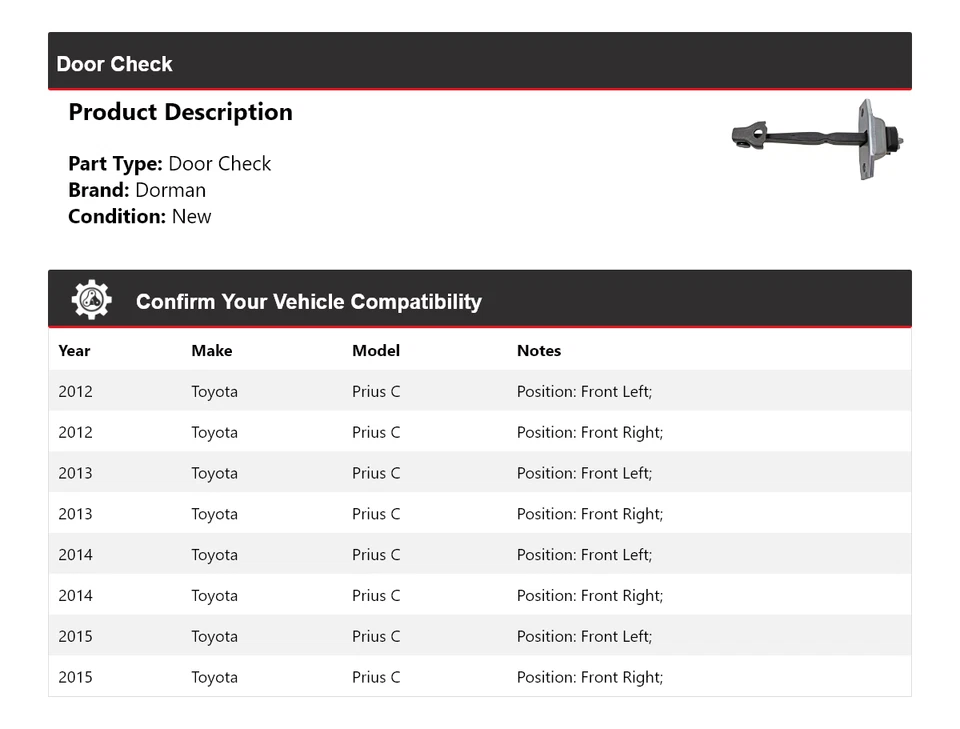 Para Toyota Prius C Dorman 2012-2015 puerta comprobada 2013 2014 Foto 2 de 4