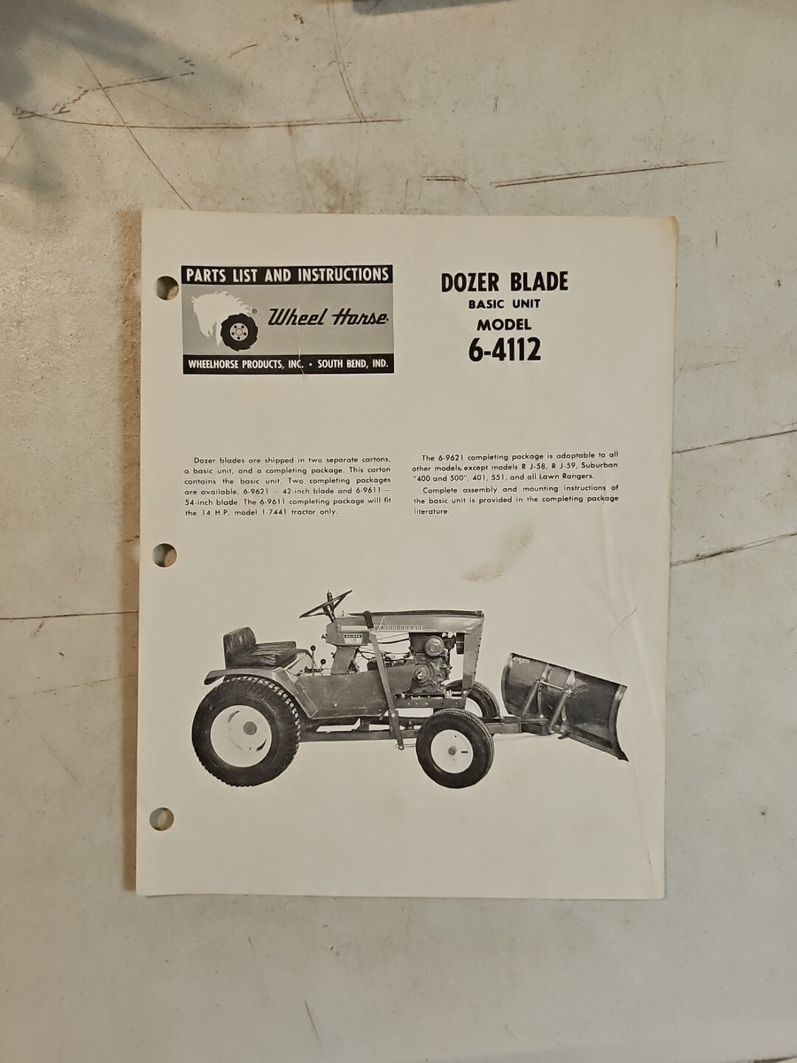 Vintage 1968 WHEEL HORSE Dozer Blade Model 6-4112 Parts List