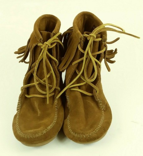 Minnetonka 2422 Women Boots Moccasins Ankle US 4 Brown Suede Fringe Booties 454 - Picture 2 of 11
