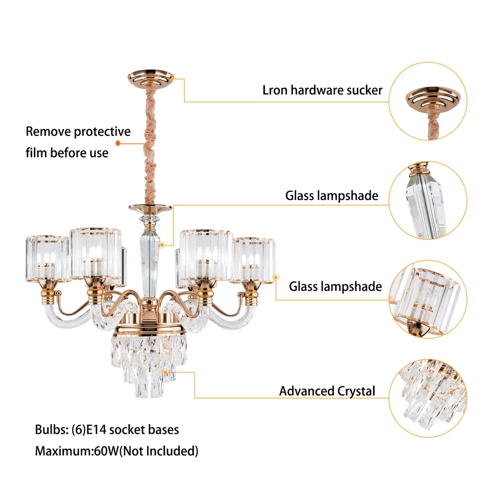 Moderna Lámpara Colgante de Cristal Redonda 6 Luces Lámpara de Techo 70x49cm Nueva Foto 4 de 4