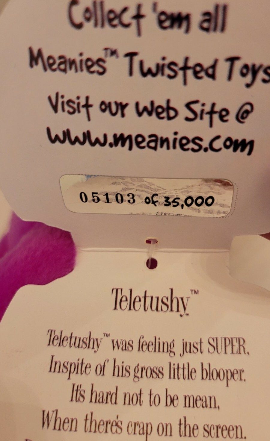 NWT Vintage 1999 Teletushy Meanies Twisted Toys Ltd Edition Plush Purple Pink