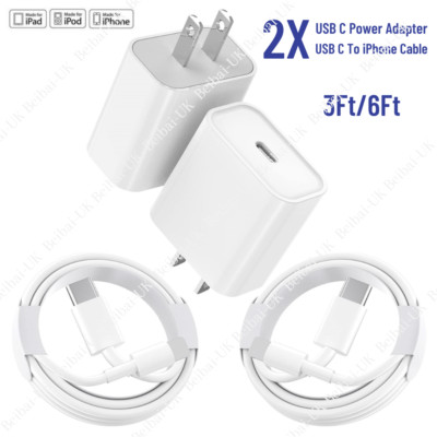 2Pack 20W PD Power Adapter Fast Charger USB-C Cable For iPhone 14/13/12/11/XR/XS