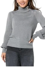 C Wonder by Christian Siriano Button Collar Turtleneck Sweater Size Large Gray