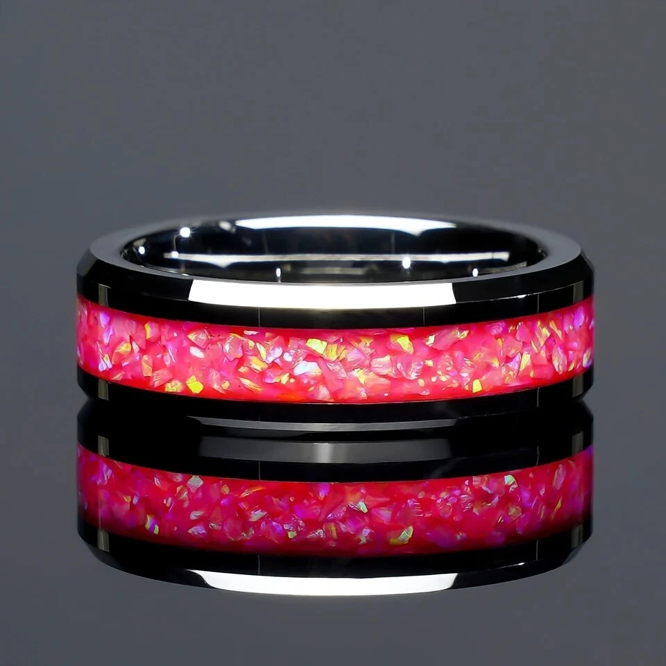 6/8MM Pink Opal Tungsten Carbide Ring Band for Couple Wedding Him & Her Ring - Image 3 of 4