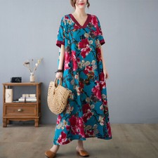 Women Loose Long Dress Retro Floral Short Sleeve V Neck Cotton Linen Oversized 
