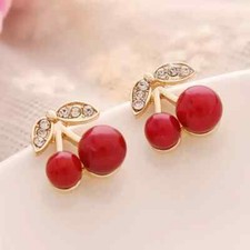 1 Pair Cherry Pendant With Shiny Zircon Decor Cute Stud Earrings