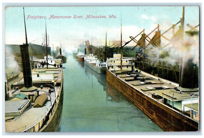 c1907 Freighters Menomonee River Ships Boats Docking View Milwaukee WI Postcard